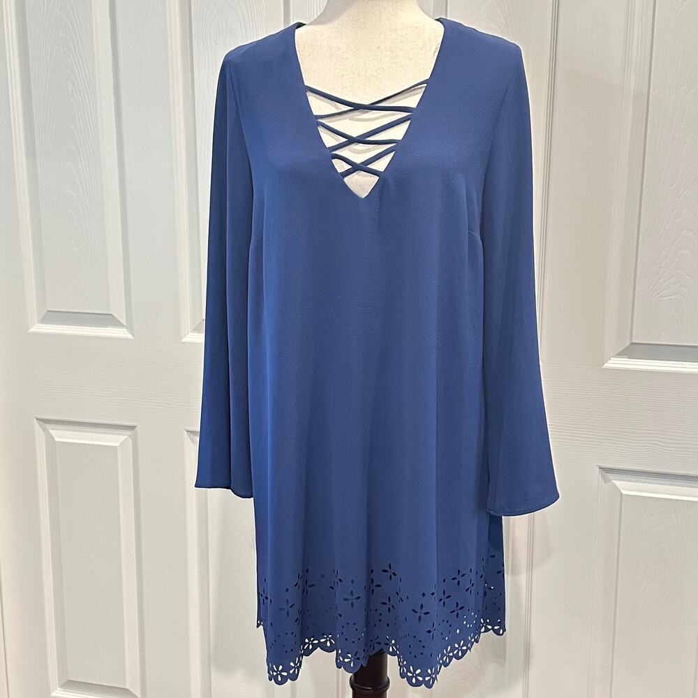 Xtraordinary Mini Dress Tunic Top Women Large  Blue Criss Cross Neck Eyelet Trim